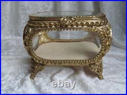 Antique Filigree Ormulo Jewelry Display Box Casket With Beveled Glass Panels