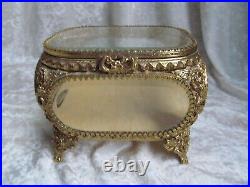 Antique Filigree Ormulo Jewelry Display Box Casket With Beveled Glass Panels