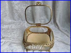 Antique Filigree Ormulo Jewelry Display Box Casket With Beveled Glass Panels