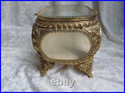 Antique Filigree Ormulo Jewelry Display Box Casket With Beveled Glass Panels