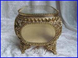 Antique Filigree Ormulo Jewelry Display Box Casket With Beveled Glass Panels