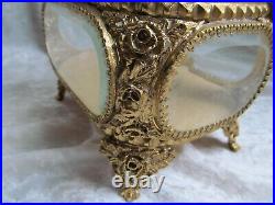 Antique Filigree Ormulo Jewelry Display Box Casket With Beveled Glass Panels