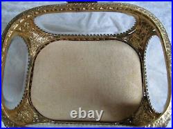 Antique Filigree Ormulo Jewelry Display Box Casket With Beveled Glass Panels