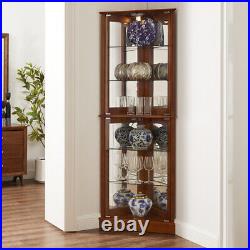 Lighted Glass 3-Sided Corner Display Curio Cabinet Furniture Home Living-Walnut