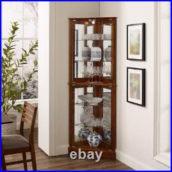 Lighted Glass 3-Sided Corner Display Curio Cabinet Furniture Home Living-Walnut