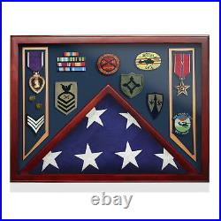 Military Shadow Box Display Case for Burial Flag, Medals Navy Blue Velvet