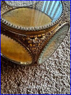 Vtg Large 5 Sided Gold Ormolu Filigree Glass Paneled Jewelry Casket Display Box